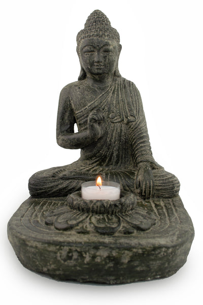 Sitting Buddha - Tealight Decorative Candle Holder - Cast Stone Figure - Lava-Sand Stone Mixture - 25x20x22 cm