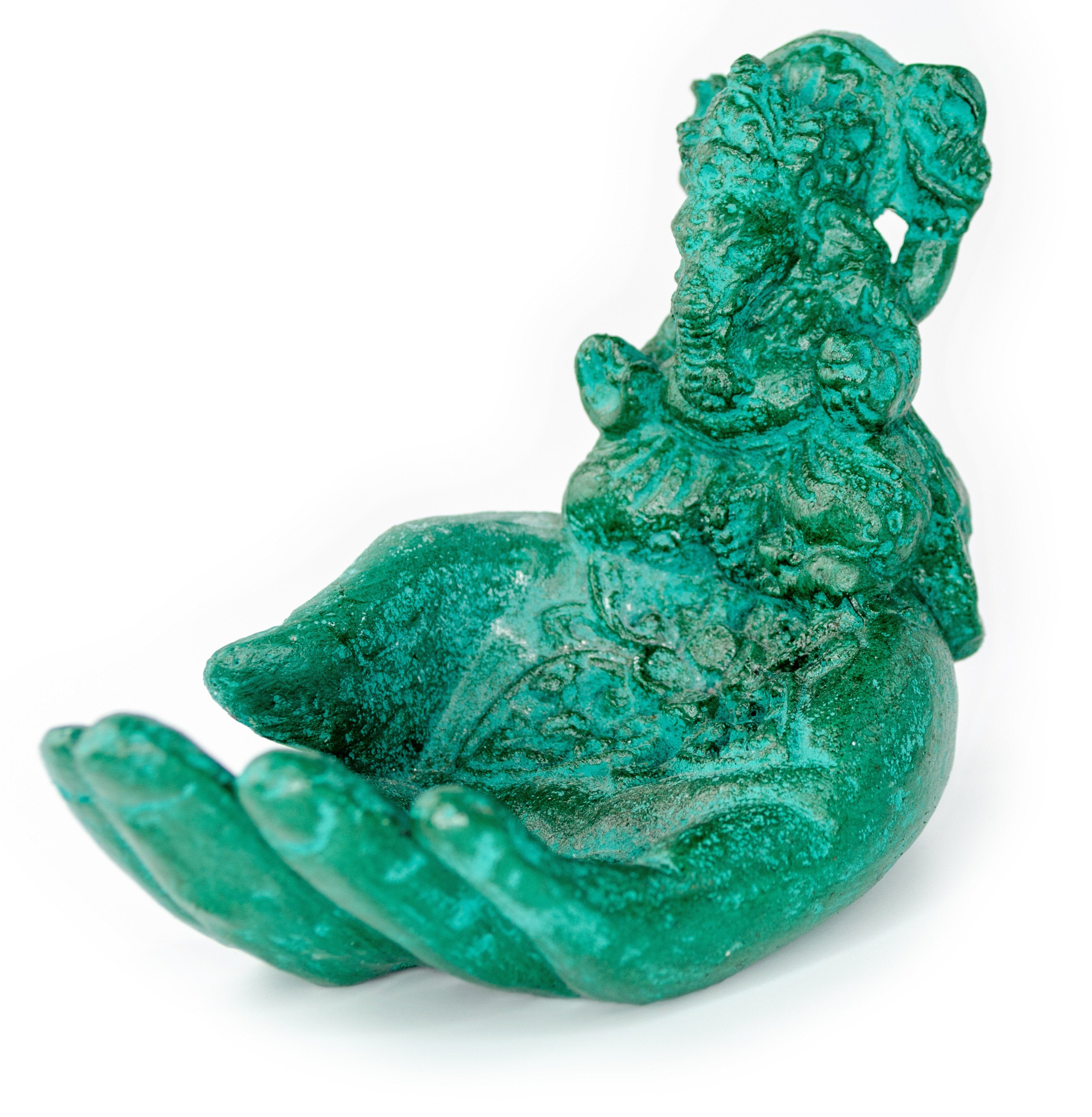 Sculpture de main de Ganesh - Décoration de pièce décorative Porte-savon Bâtons d'encens - Divinité hindoue de la bonne chance - Éléphant vert - 13x9x15 cm