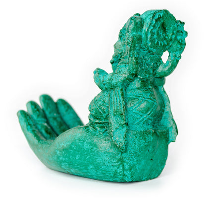 Sculpture de main de Ganesh - Décoration de pièce décorative Porte-savon Bâtons d'encens - Divinité hindoue de la bonne chance - Éléphant vert - 13x9x15 cm