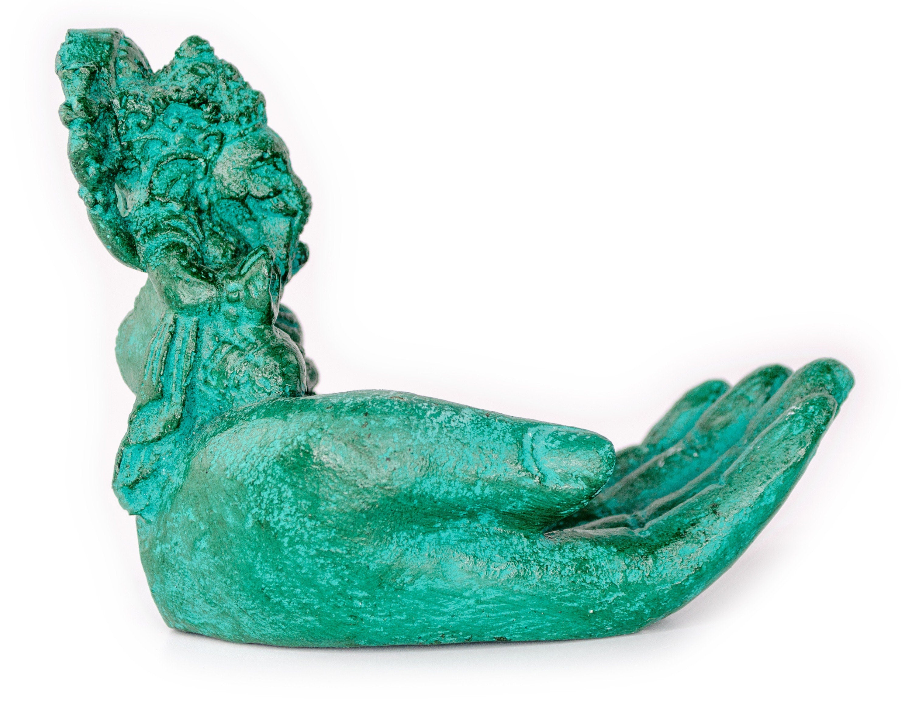 Sculpture de main de Ganesh - Décoration de pièce décorative Porte-savon Bâtons d'encens - Divinité hindoue de la bonne chance - Éléphant vert - 13x9x15 cm