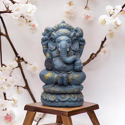Ganesha Sculpture - Decorative Room Decoration Artwork - Elephant Head Hindu Lucky Charm Statue - Stone Figure Blue - 34 cm