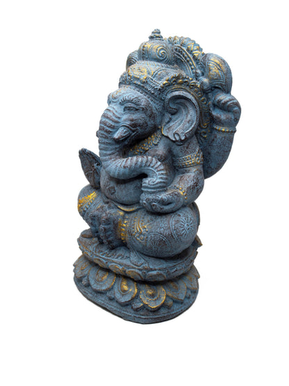 Sculpture de Ganesh - Décoration de pièce - Statue porte-bonheur hindoue à tête d'éléphant - Figurine en pierre bleue - 34 cm