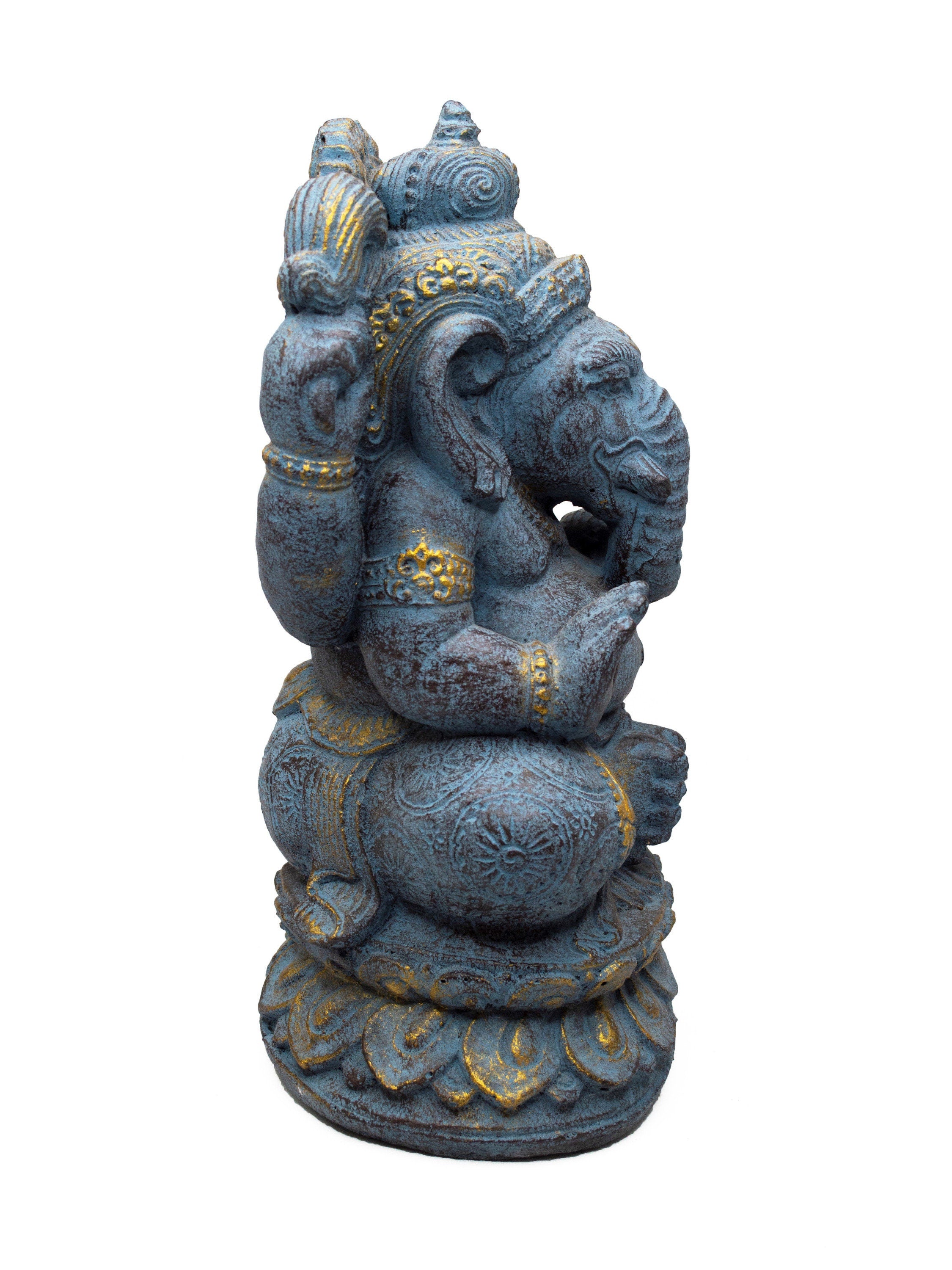 Sculpture de Ganesh - Décoration de pièce - Statue porte-bonheur hindoue à tête d'éléphant - Figurine en pierre bleue - 34 cm