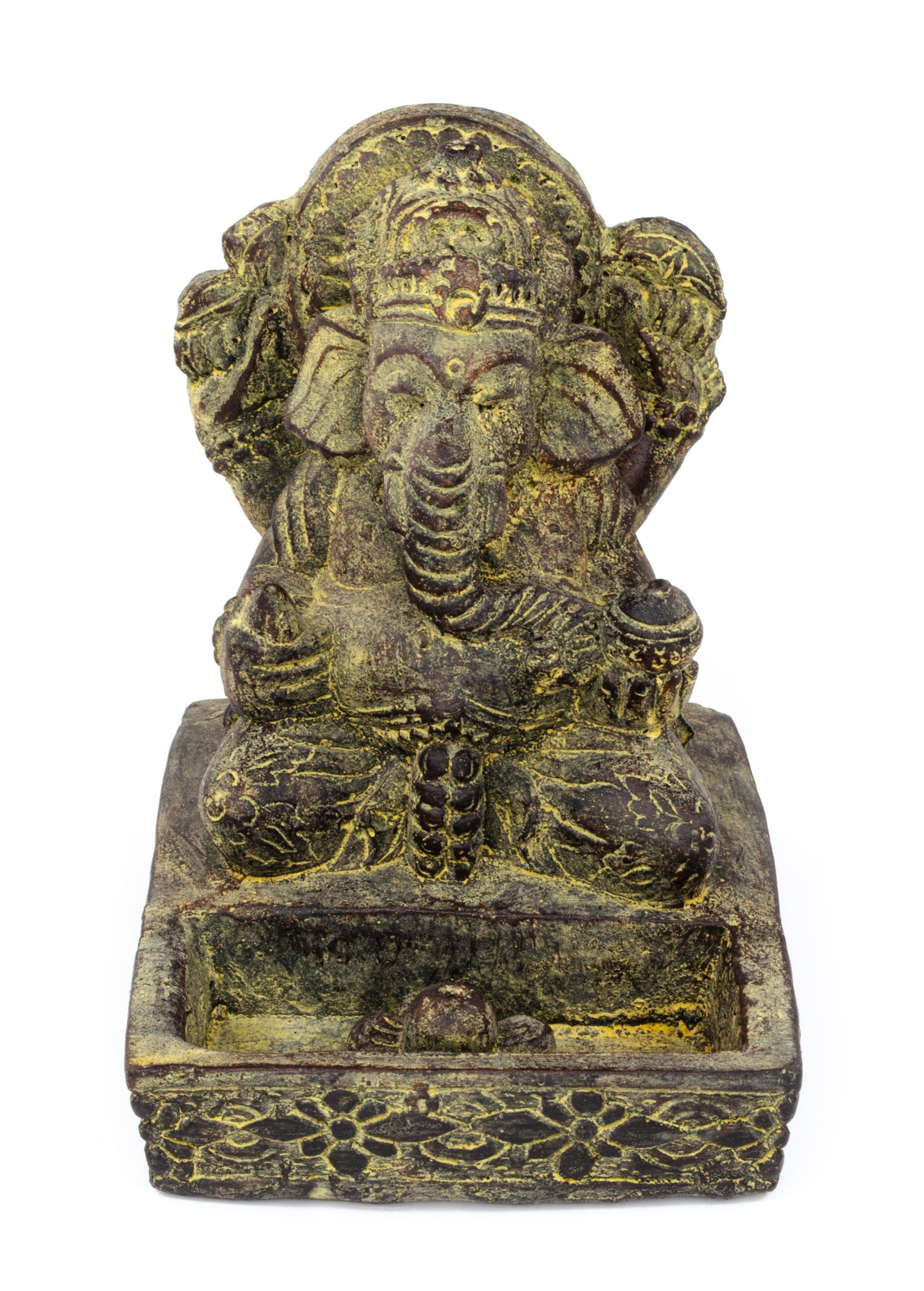 Sculpture de Ganesh - Porte-encens décoratif pour pièce - Déité hindoue porte-bonheur - Mélange de pierres Éléphant jaune - 23x13x15 cm