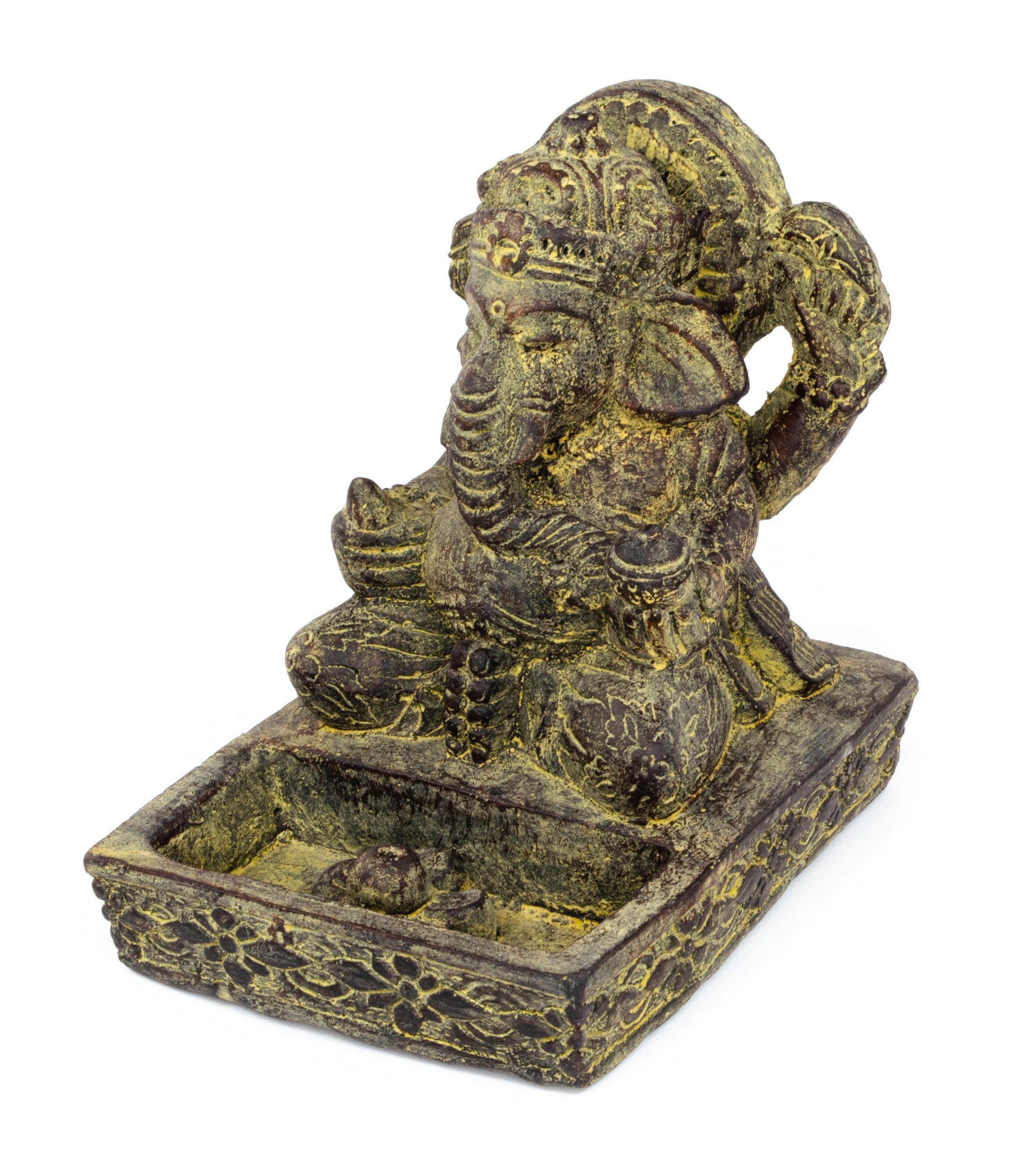Sculpture de Ganesh - Porte-encens décoratif pour pièce - Déité hindoue porte-bonheur - Mélange de pierres Éléphant jaune - 23x13x15 cm